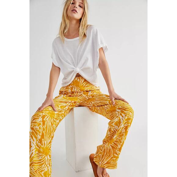 Scotch & Soda Pants - Scotch & Soda Pant Marigold Dyed Wash Floral Wide Leg Flowy XS Yellow Boho
